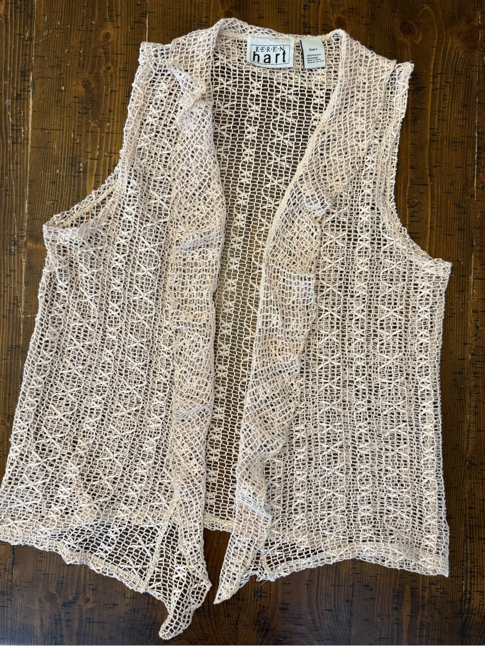 Vintage Keren Hart Crochet Knit Open Front Cardigan Vest Ivory Cream Sz L EUC